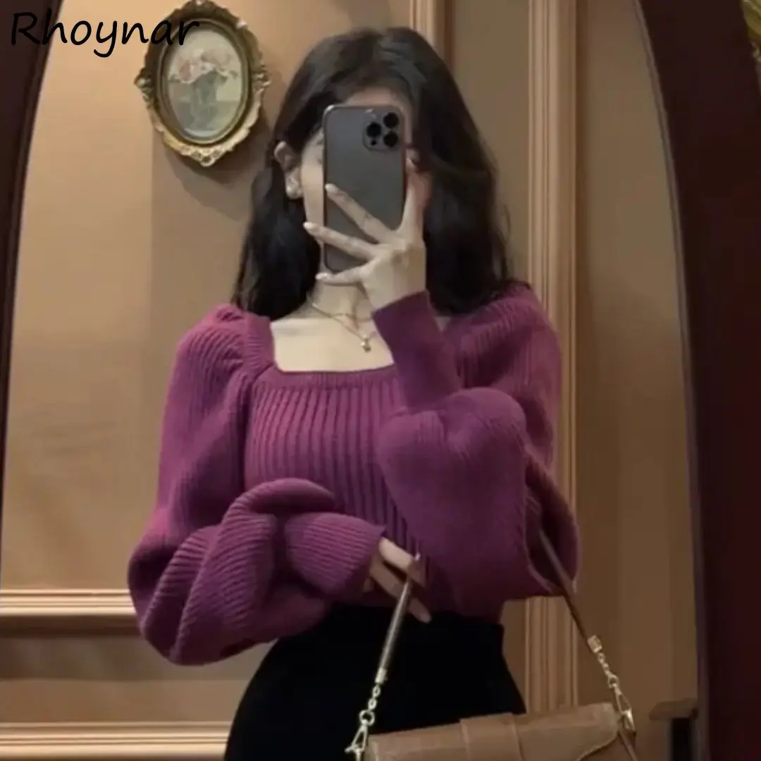 

Knitted Pullovers Women Long Lantern Sleeve Tops Square Collar Pit Stripe Baggy Sweater Warm Fluffy Autumn Winter Basic Backless