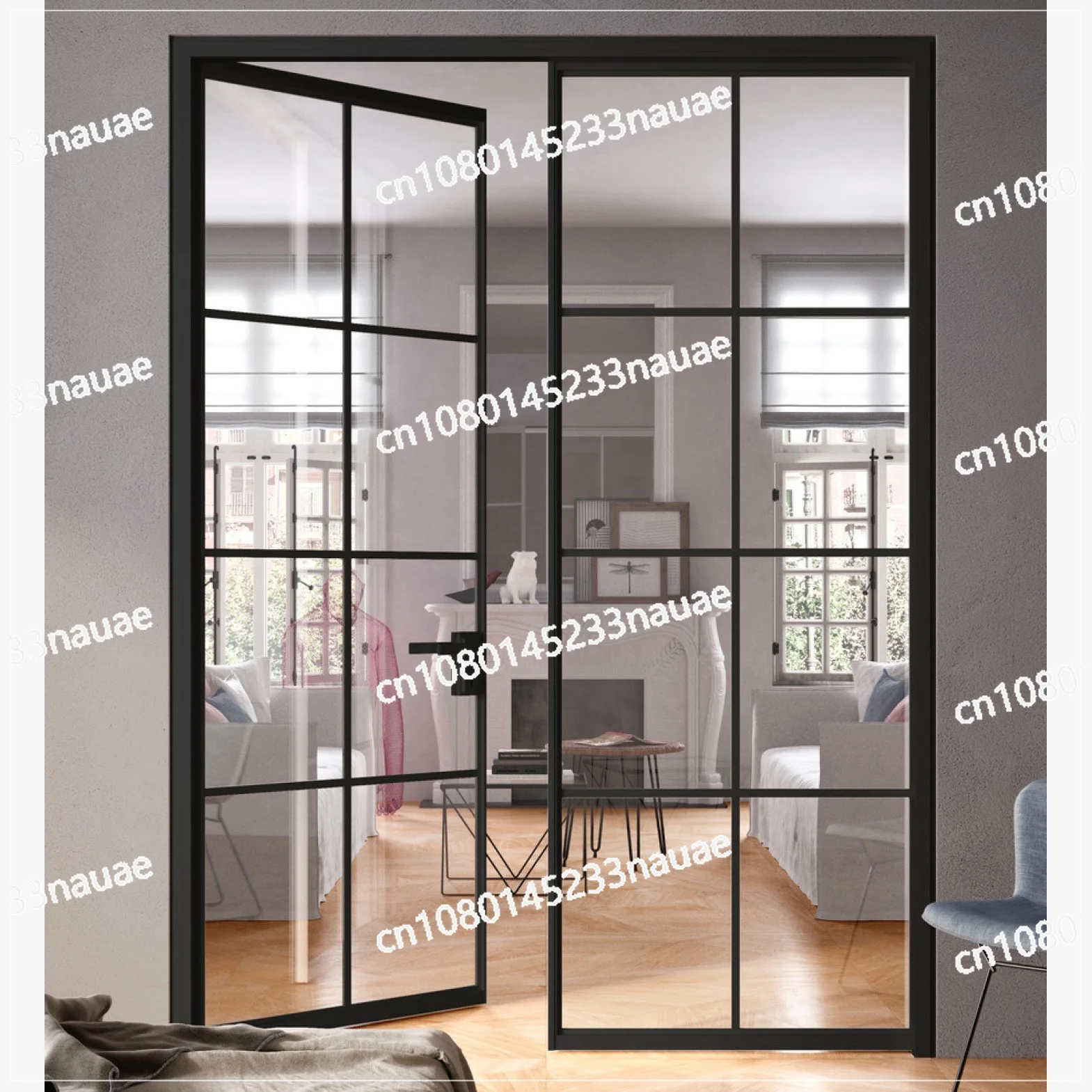 Double Glass French Aluminum Entry Swing Glass Doors Black Steel Frame Exterior