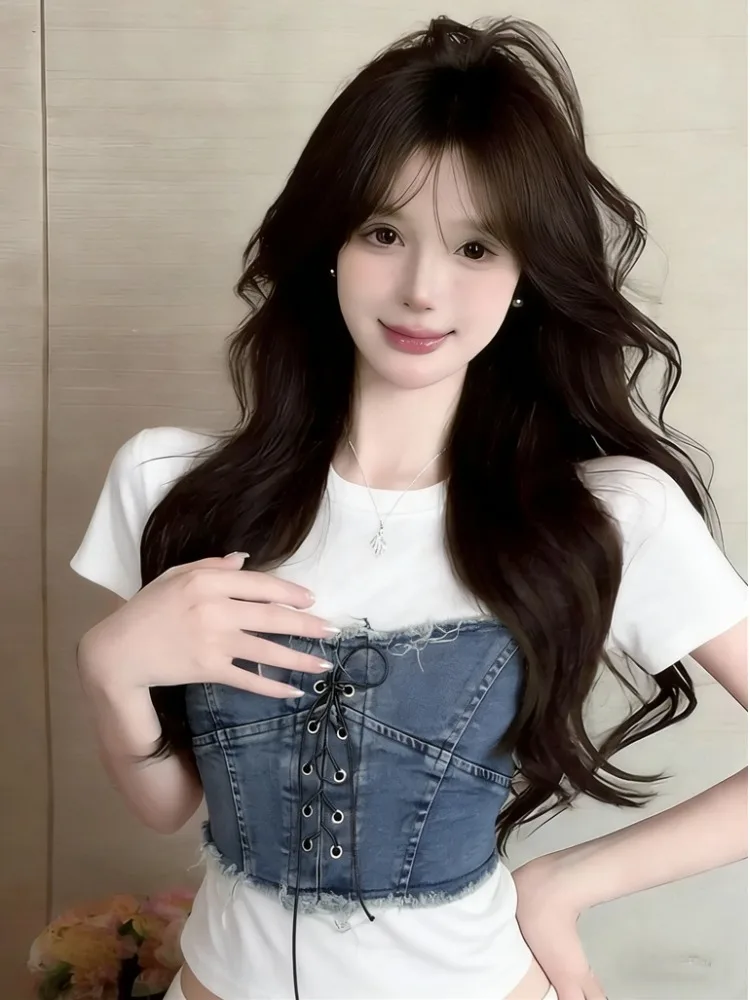 

Fashionable Casual Denim Patchwork Short Sleeve T-Shirt Women's Design Sense Fake Two-Piece Belted Top Summer Leisure Bodysuit