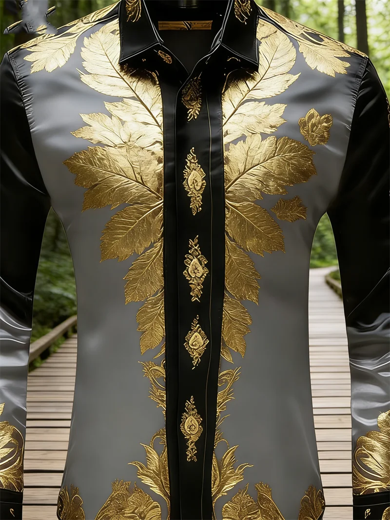 New Men's 11 Color 3D Leaf Print Shirt with High-Quality Patterns, Casual and Fashionable Long-Sleeved Lapel Shirt