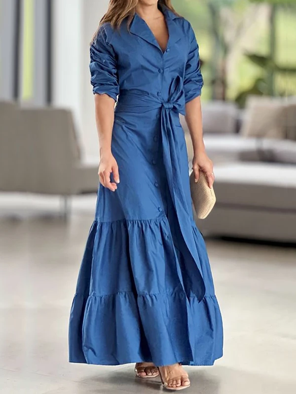 

Fashion Women Lapel Long Sleeve Lace Up Maxi Dress Spring Summer Sundress Autumn Lapel V Neck Robe Femme Casual Vintage Holiday