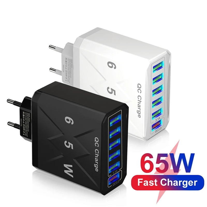 USB Charger 6 Ports Total 65W Fast Charging 3.0 Wall Travel Charger For iPhone Samsung Xiaomi Mobile Phone Adapter EU KR US Plug