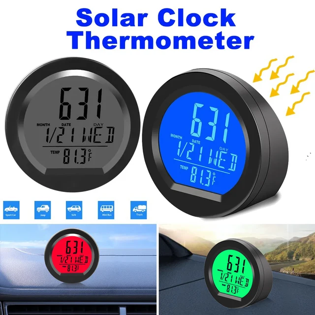 Cyfrowy zegar samochodowy na energię słoneczną Termometr z datą i tygodniem Świecący wyświetlacz LCD na desce rozdzielczej Zegar samochodowy Samochody Wewnętrzne przyklejane
