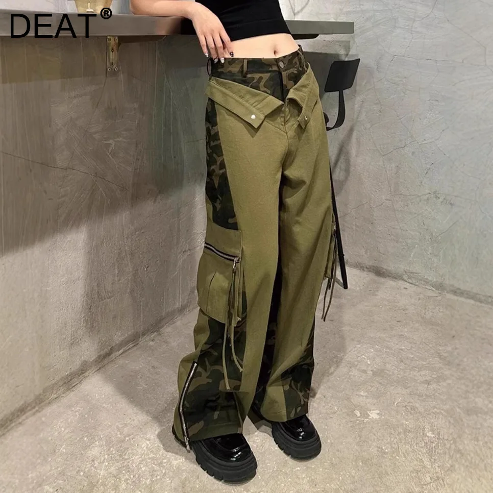 DEAT Fake Two Piece Patchwork Leopard Print Jeans For Women High Waisted Camouflage Straight Leg Denim Cargo Pants 2024 Autumn