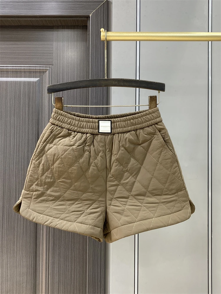Solid color diamond grid shorts women winter elastic waistband warm cotton clip paired versatile wide legs A-line pants