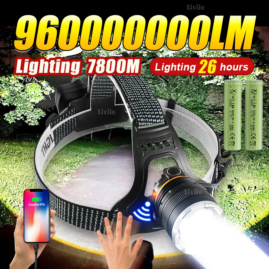 

960000000LM Самый мощный светодиодный налобный фонарь 18650, перезаряжаемая фара дальнего действия 7800 м, налобный фонарь для рыбалки, кемпинга, налобный фонарь