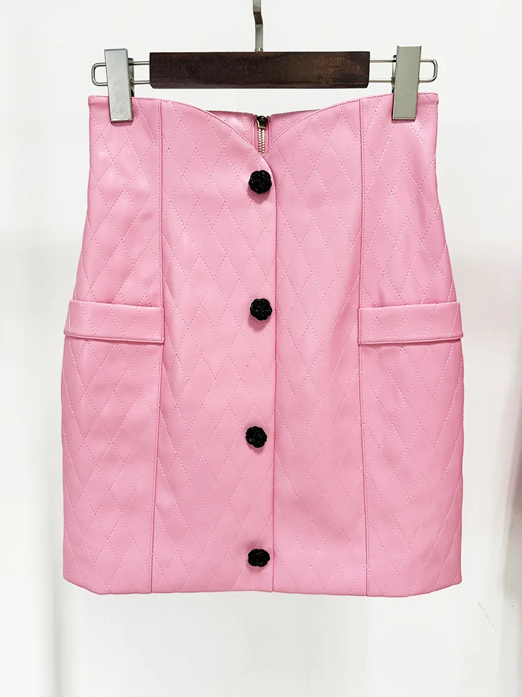 Pink Leather Cropped Jacket Outfit for Women Wedding 2024 Designer Rose Buttons Flowers Diamond Pattern Leather Short Jacket