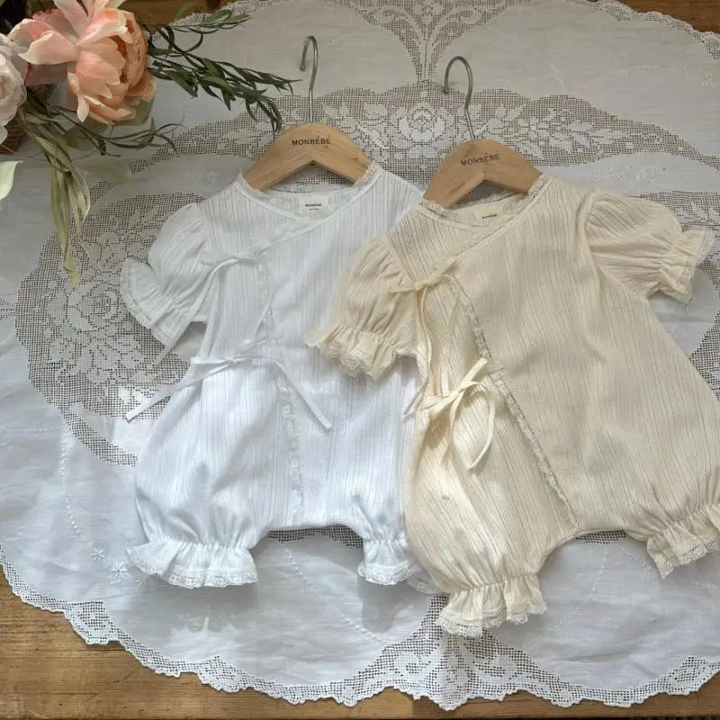 2024 Summer New Baby Diagonal Placket Lace Romper Girls Short Sleeve Lace Jumpsuit Newborn White And Apricot Bodysuit Clothes