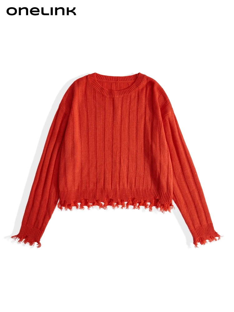 

ONELINK Solid Red O Neck Rough Raw Tassel Hem Plus Size Autumn Winter 2022 Woolen Short Pullover Women Sweater Oversize Clothing