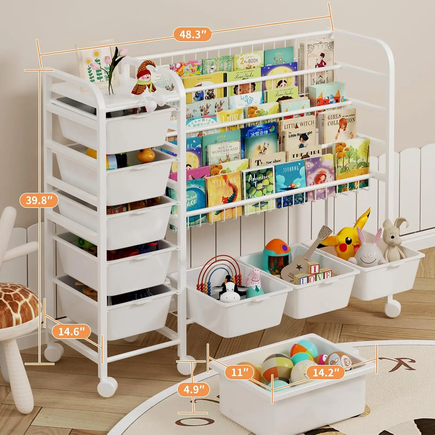 Kids Bookshelf with Toy Storage Organizer 2-in-1 48 Inch Large Metal Kids Book Rack with 8 Toy Storage Bins