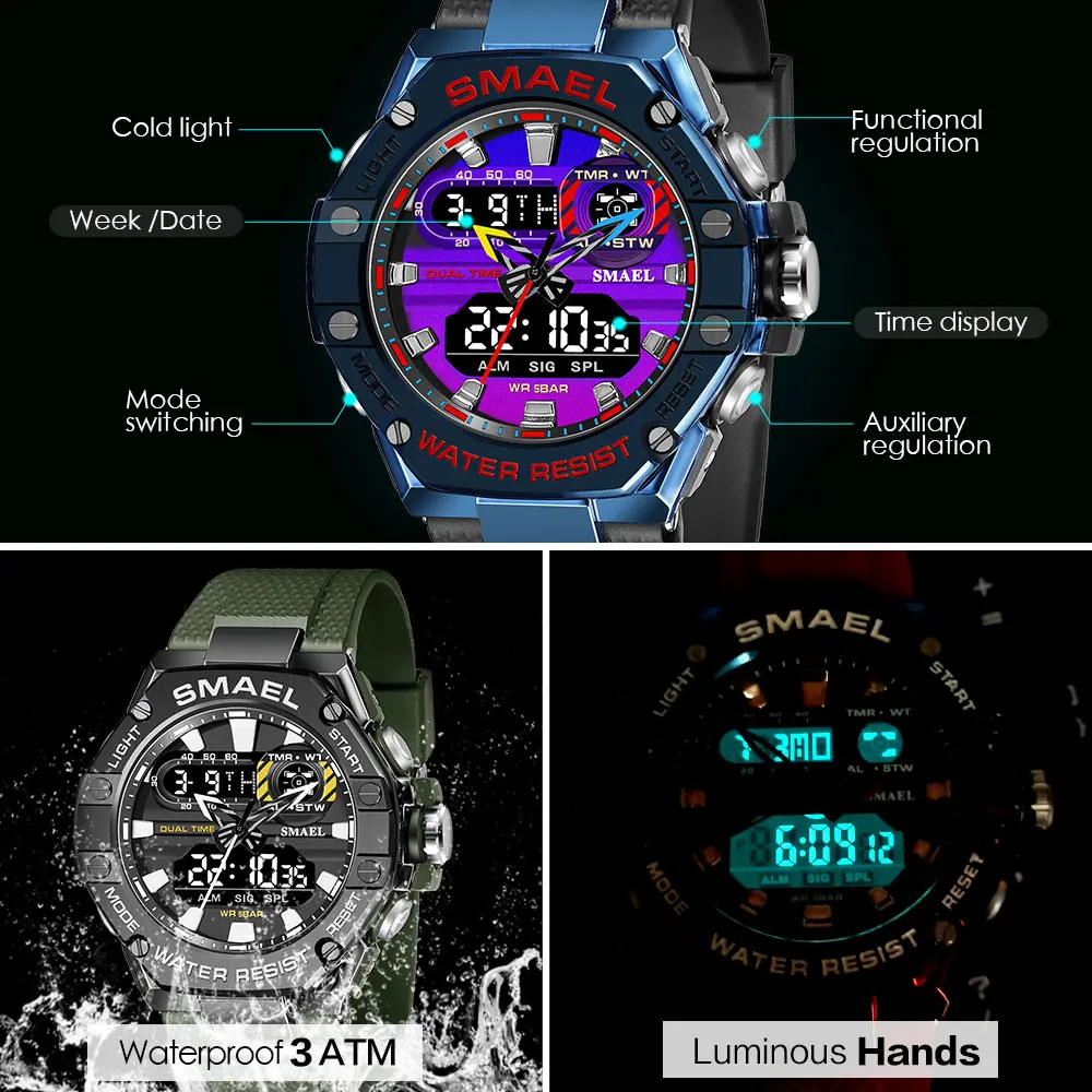 SMAEL Dual Time Red Digital Watch Men Military Sport Chronograph Quartz Electronic Wristwatch with Date Week Waterproof 8066