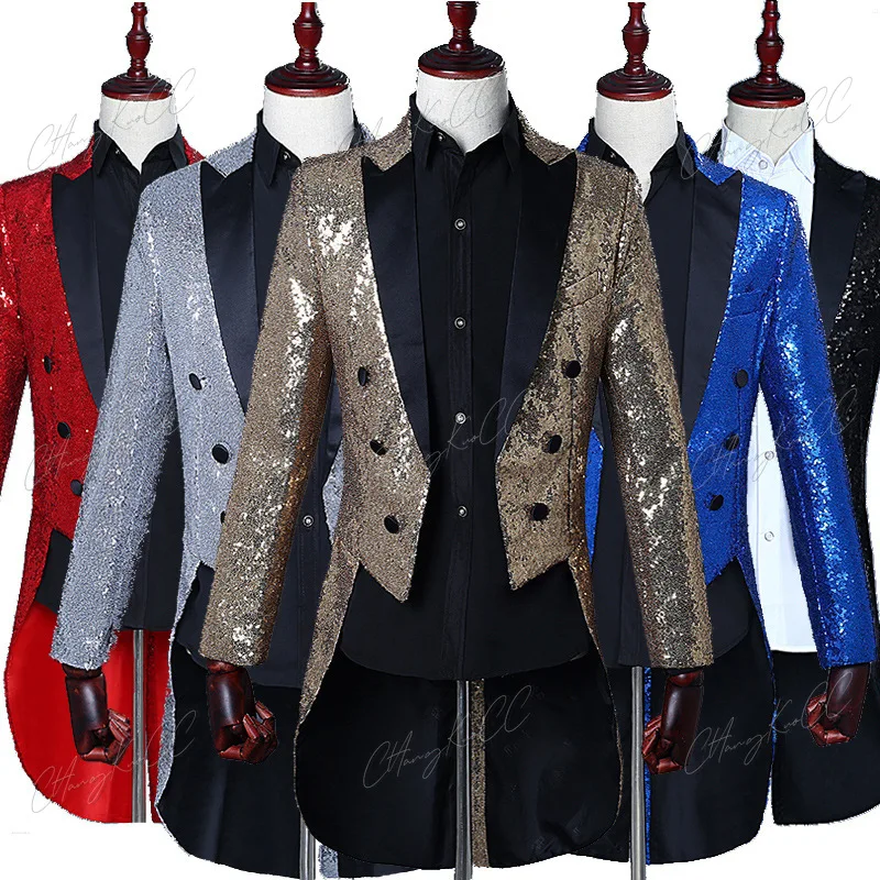 

British Style Men Court Tuxedo Suit Coats Sequin Decoration Blazers Gentleman Wedding Party Long Jacket Magician sequin tuxedo