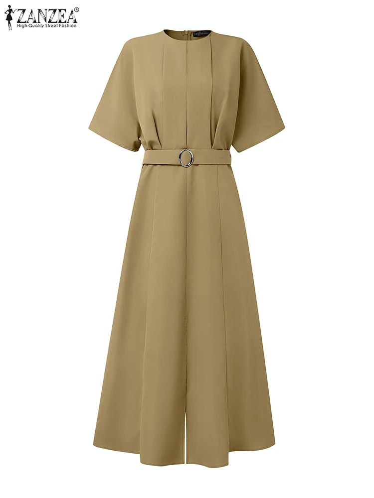 

ZANZEA 2025 Casual Office Long Dress Women Vintage Bat-wing Sleeve Sundress Elegant Pleated Vestidos Fashion Solid Color Robe