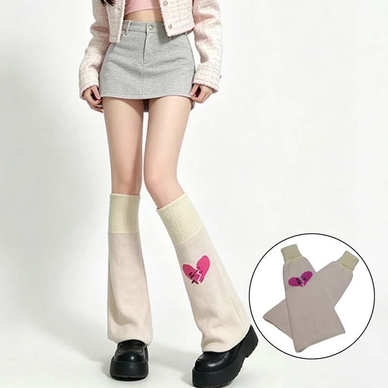 Y2K Broken Heart Safety Pin Knit Leg Warmers for Women, Flared Knitted Leg Socks, Aesthetic Streetwear Boot Socks, Cosplay Party