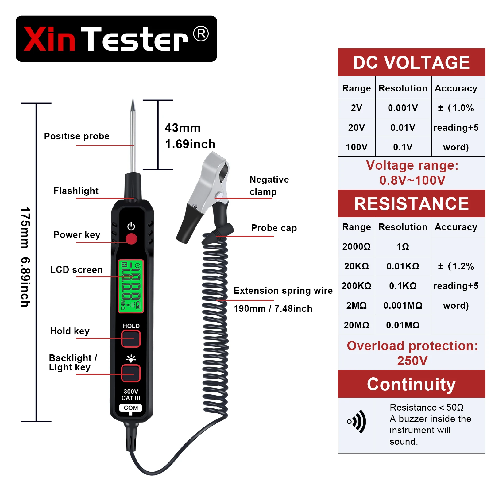 Xin Tester Car Voltage Detector Pen Type 100V Backlight Flashlight LED Electric Circuit Tester DC Voltage Tester XT86A