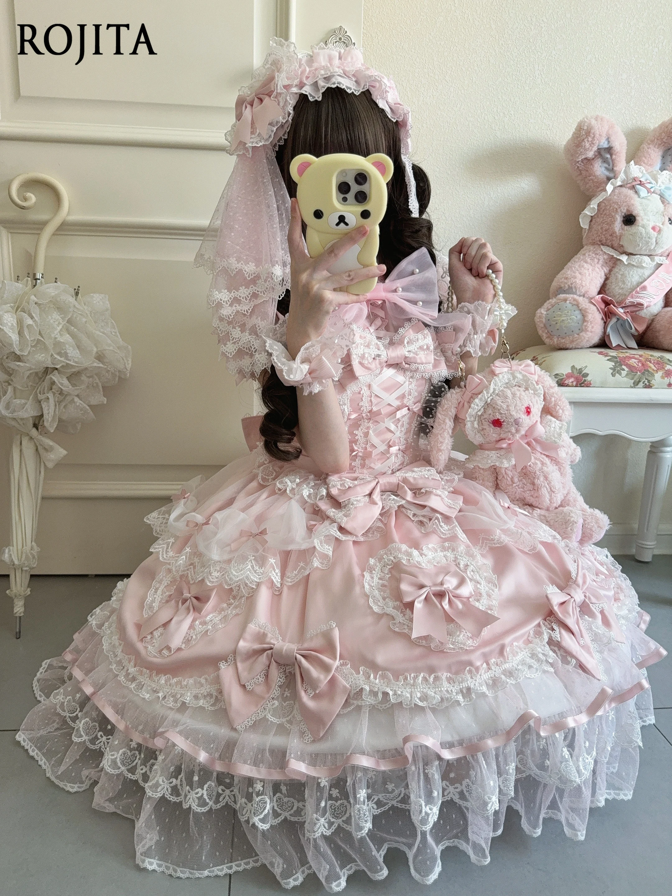 

Sweet Girl Original Design Doll Feel Lolita Dress Flutter Sleeves Bow JSK Strap Dress Pink Lolita Dress