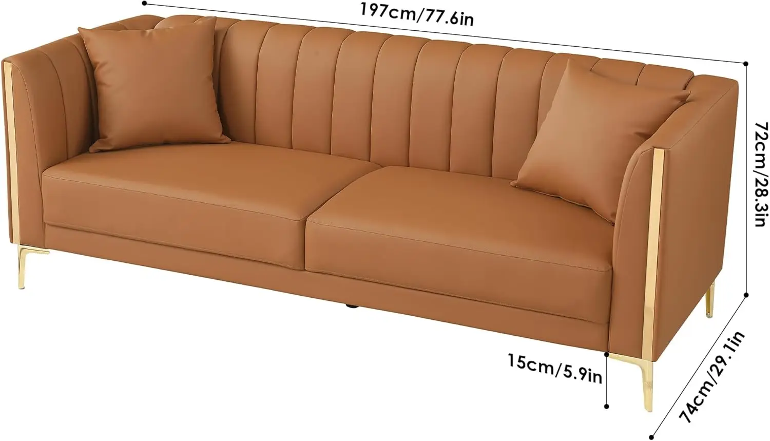 Fotosok 78-calowa sofa, nowoczesne skórzane kanapy do salonu, wygodna, 3-osobowa sofa ze sztucznej skóry z 2 poduszkami i złotym kolorem