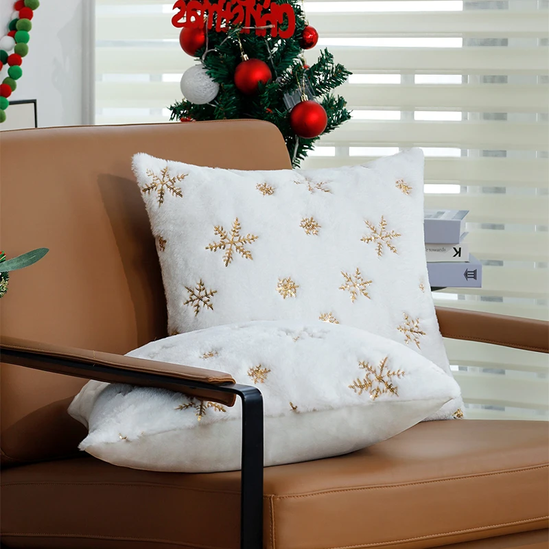 Plush 45x45cm Cushion Cover White Gold Christmas Home Decorative Pillow Cover Christmas Supplies for Living Room Snowflake