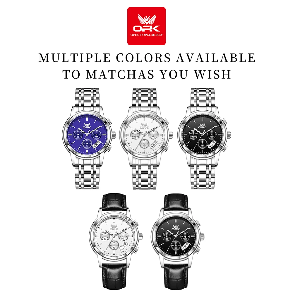 OPK 6051 ساعة رجالي بسيطة أصلية ساعة كوارتز الفولاذ المقاوم للصدأ تاريخ الساعات للرجل مقاوم للماء مضيئة هدايا رجالي Reloj