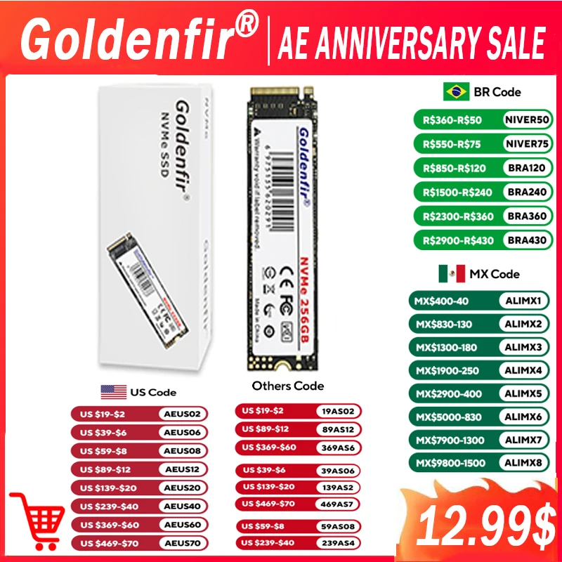 M2 SSD NVMe 256GB Goldenfir M.2 PCIe 128GB 120GB 512GB 1T Solid State Disk 2280 Internal Hard Drive for Laptop Desktop TLC/QLC