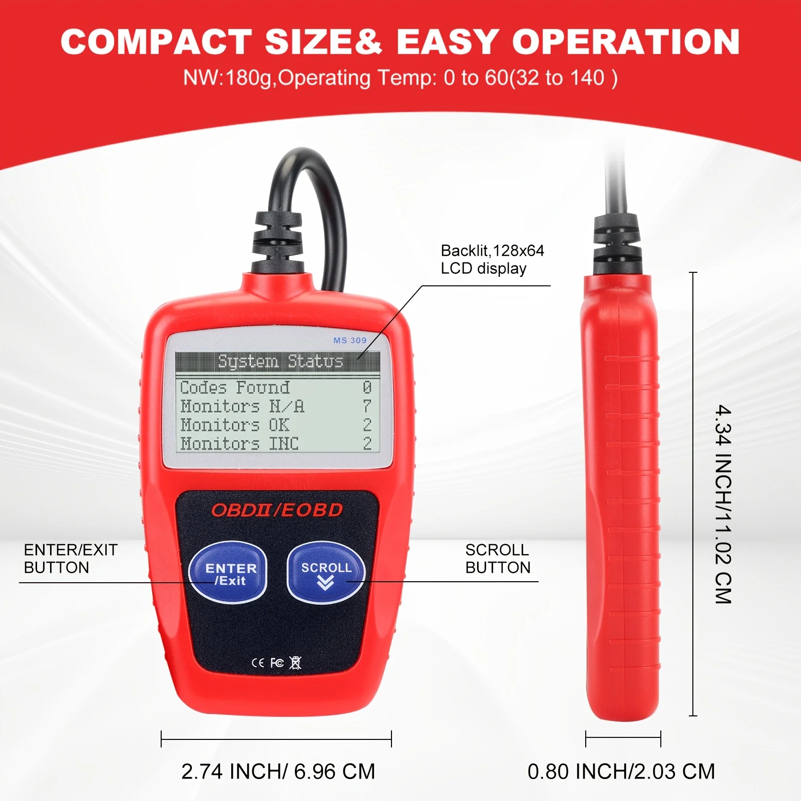 أداة تشخيص السيارة Obd2، قارئ رمز الخطأ Ms309 Obdii Eobd، أداة تشخيص Ecu - مع وظيفة إعادة ضبط ضوء المحرك I/M 24000، بدون بطارية، تصميم مدمج، تشخيص السيارات، أصحاب المركبات، ميكانيكا السيارات