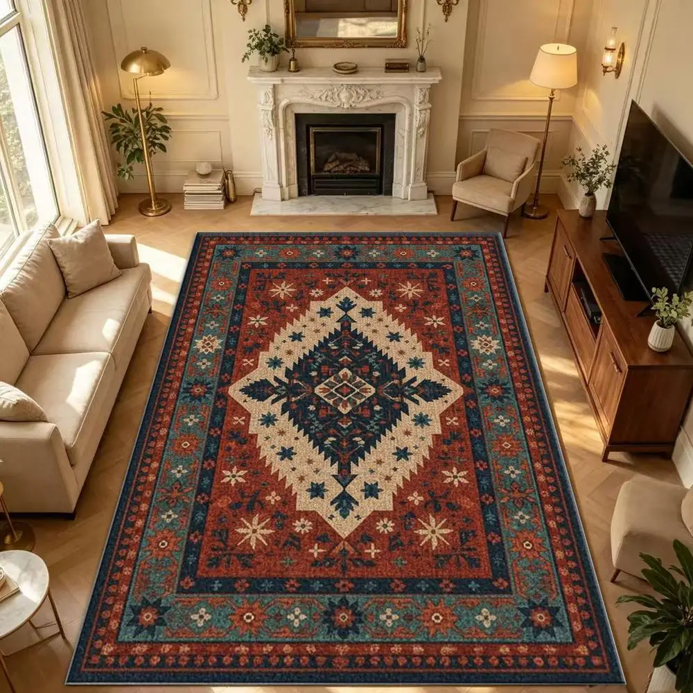 Southwestern Geometric Tribal Style Rug Vintage Non-Slip Floor Carpet Suitable for Living Room Bedroom Home Decoration
