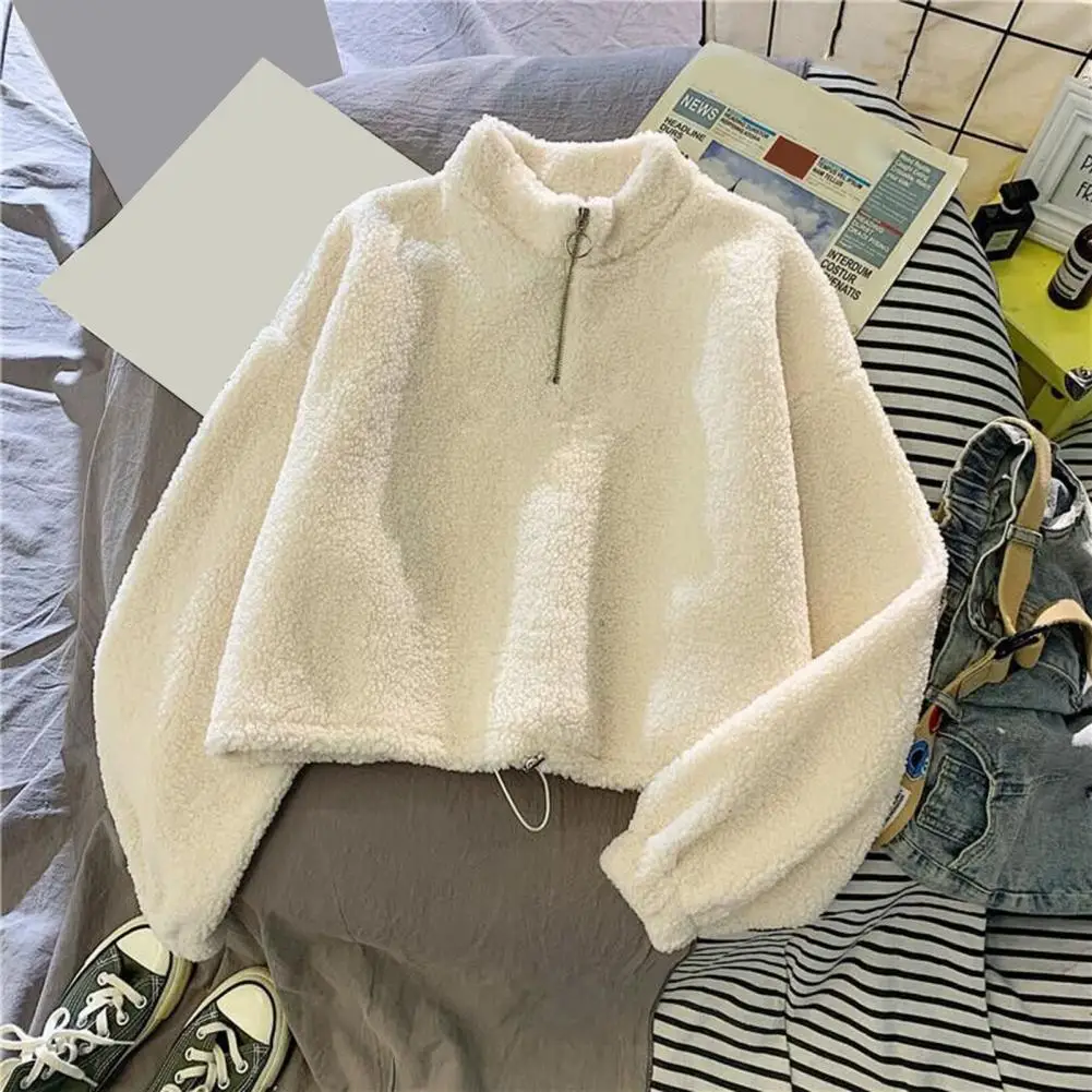 Women Winter Sweatshirt with Drawstring Hem Half-high Collar Thick Fleece Zipper Coat Neck Protection Short Type Long Sleeves Ke