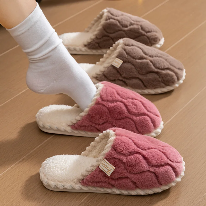 New Women Cotton Slippers House Couples Fluffy Slides Autumn Winter Solid Warm Plush Slippers Bedroom Ladies Cotton Shoes TG28