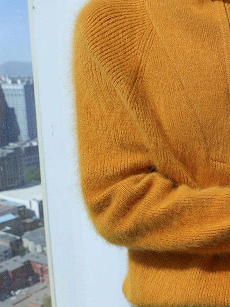 

TLOML Women 100% Mink Cashmere Sweater Turtleneck Half Zipper Pullover Autumn Winter Soft Warm Mink Cashmere Knitwear Thick Tops