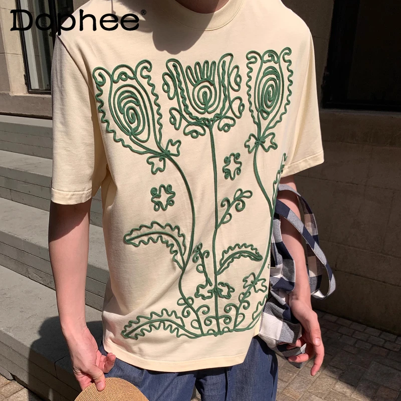 

Men's Women's 2025 Summer New Couple Trendy Tees Fashion Embroidered Flower Cotton Tops Stylish Short-sleeve Round Neck T-shirts