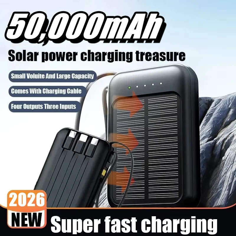 باور بانك يعمل بالطاقة الشمسية بقدرة 50000 مللي أمبير في الساعة، كابلات مدمجة، شاحن سريع، 2 منافذ USB، شاحن خارجي، باور بانك، مصباح LED لهاتف آيفون وشاومي وسامسونج