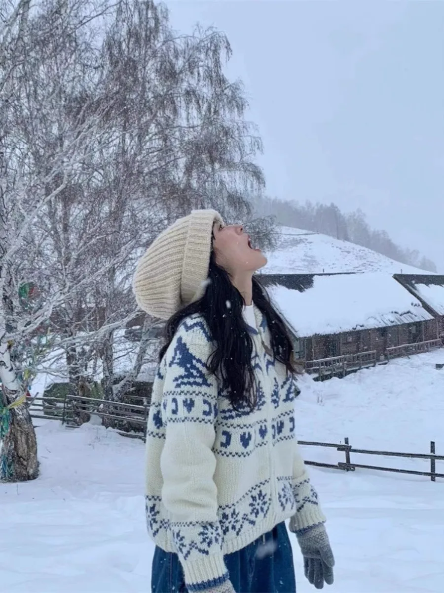 

Nordic Retro Fair Isle Cisas Tree Knitted Sweater Loose Women's Cardigan Coat Autumn Winter Faion Casual Sle