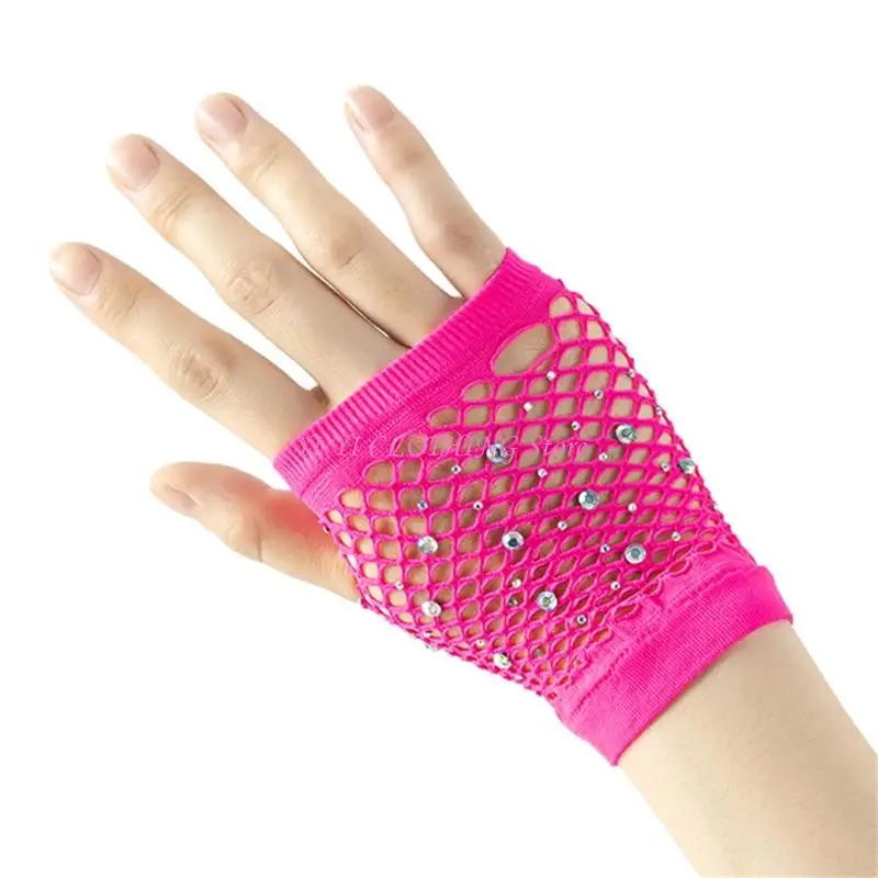 N5KF ملهى NIGHT على غرار القفازات قصيرة الشبكة نمط الراين ، الديكور مرنة نايلون يدوية #3