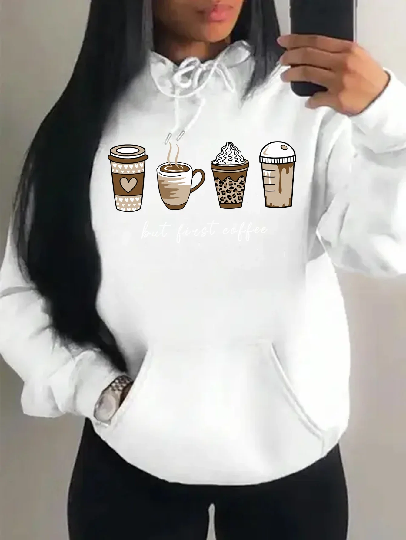 Fashion But First Coffee Cartoons Coffee Drinks Pattern Women Hoodies Warm Hoody Casual Trendy Sweatshirt Street Pullovers