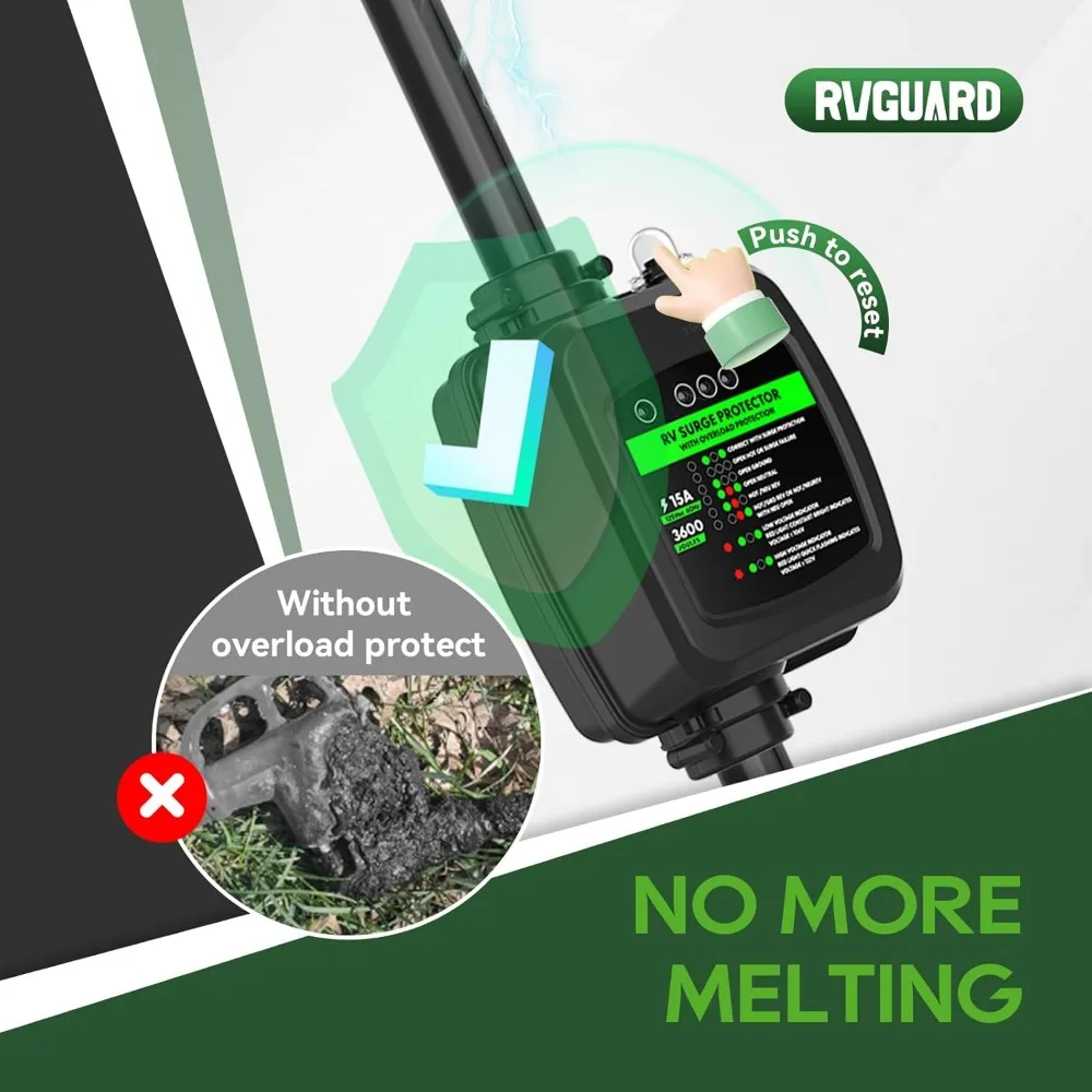 سلك محول حماية من زيادة التيار RV 30 أمبير إلى 110 فولت مع حماية من الحمل الزائد، NEMA 5-15P إلى TT-30R، درج 2 قدم أخضر ETL #3