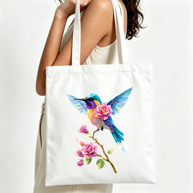 hummingbird and rose print canvas tote bag with artistic design, ideal for daily shopping and casual outings