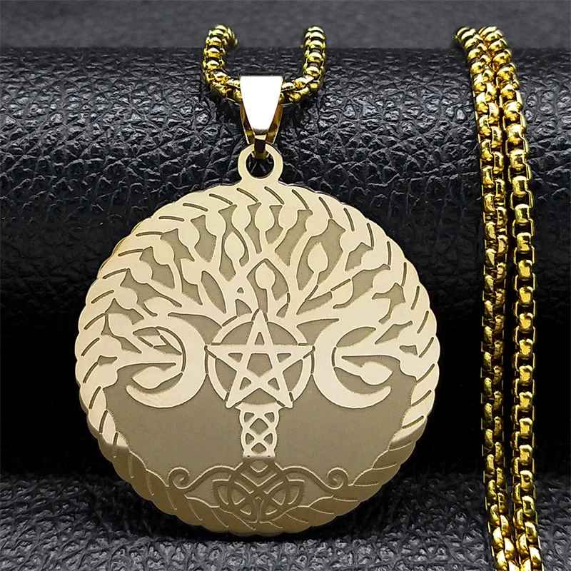 

Witch Triple Moon Goddess Tree of Life Necklace for Women Men Stainless Steel Divination Pentagram Chain Jewelry colar N9754S01