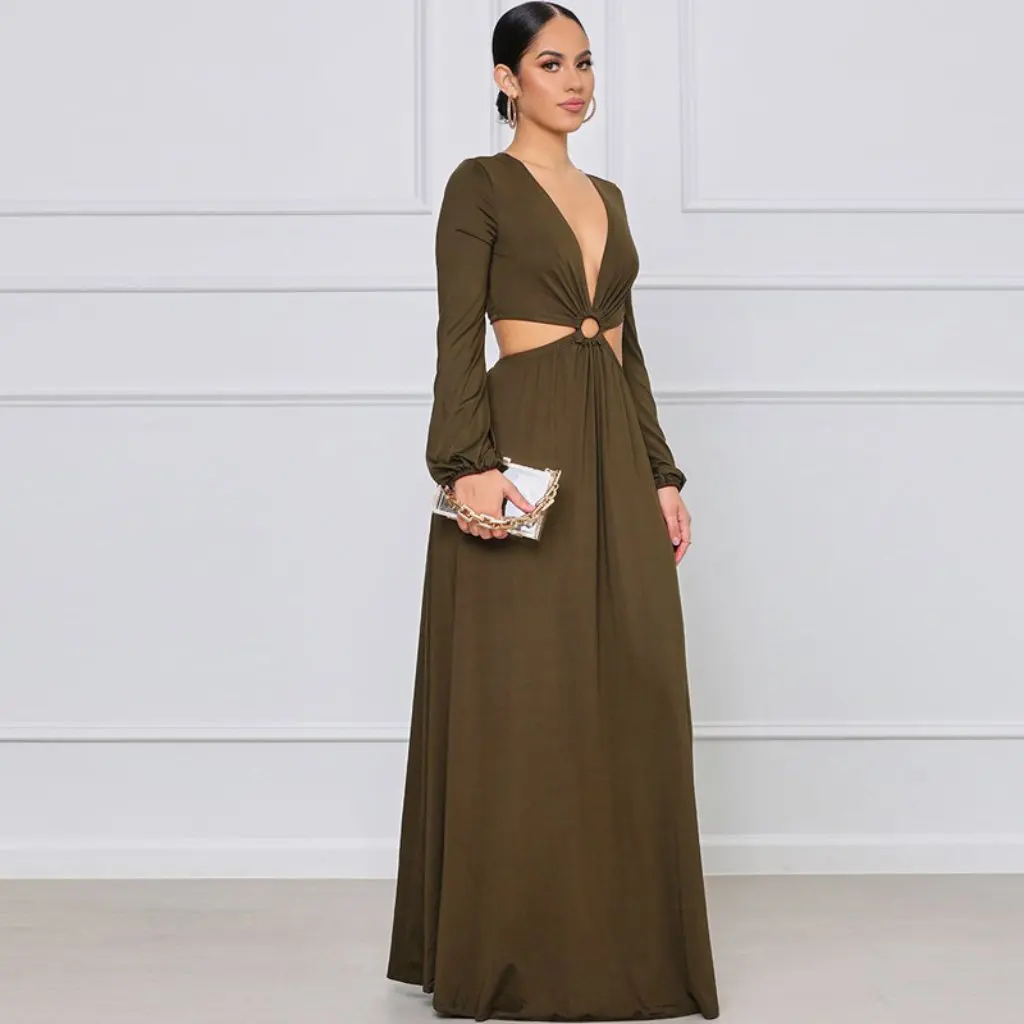 Vestido longo feminino sexy decote em v profundo oco design cor sólida outono inverno novo estilo europeu americano