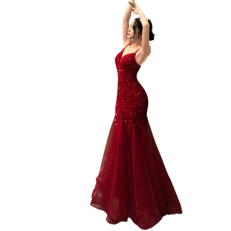 Sexy Deep V-neck Spaghetti Straps Backless Sequined Mermaid Long Formal Evening Dress Red