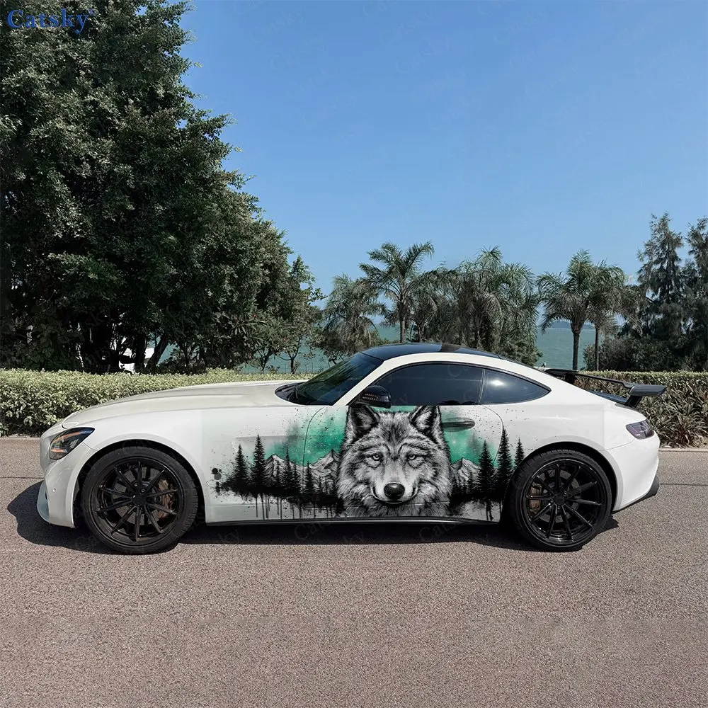 2Pcs Cyan Green Gradient Wolf Car Side Wraps, Self-Adhesive PVC Waterproof & Scratch-Resistant Stickers, Car Accessory Gift