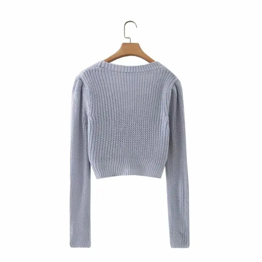 

Women's V-neck Bubble Sleeve Cardigan Sweater XC-2133 Gray Purple Long Sleeve Single-Breasted Autumn New Fashion Top