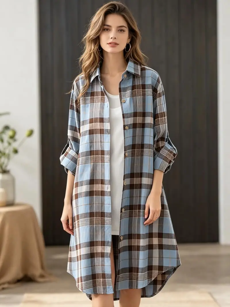 Women Lapel Blue Brown Plaid Mid Length Roll Up Long Sleeve Button Down Shirt Tunic