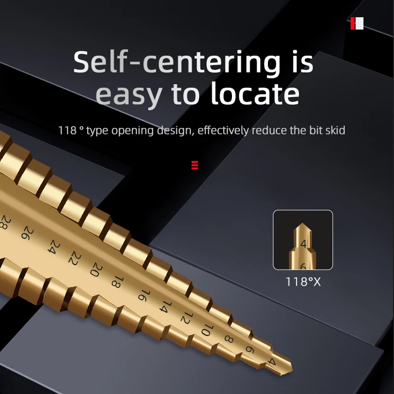 3-12 4 -12 4-20MM HSS Punta a gradino per pagoda scanalata dritta 3 pezzi Set di punte per alesatore con codolo esagonale Foro in metallo per legno rivestito in titanio