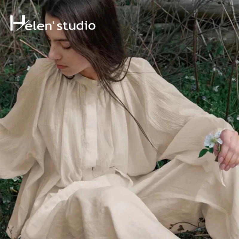 

Women's Stand-Up Collar Long-Sleeved Slightly Transparent Chiffon Shirt 2024 Spring New Casual Loose Sunscreen Cardigan Shirts