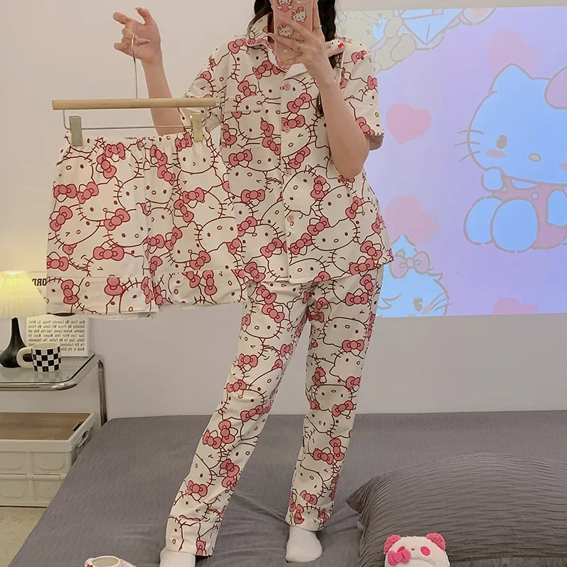 Piyama pendek Anime Sanrio Hello Kitty Kuromi Kawaii kartun longgar pakaian tidur set piyama pakaian pendek hadiah ulang tahun anak perempuan