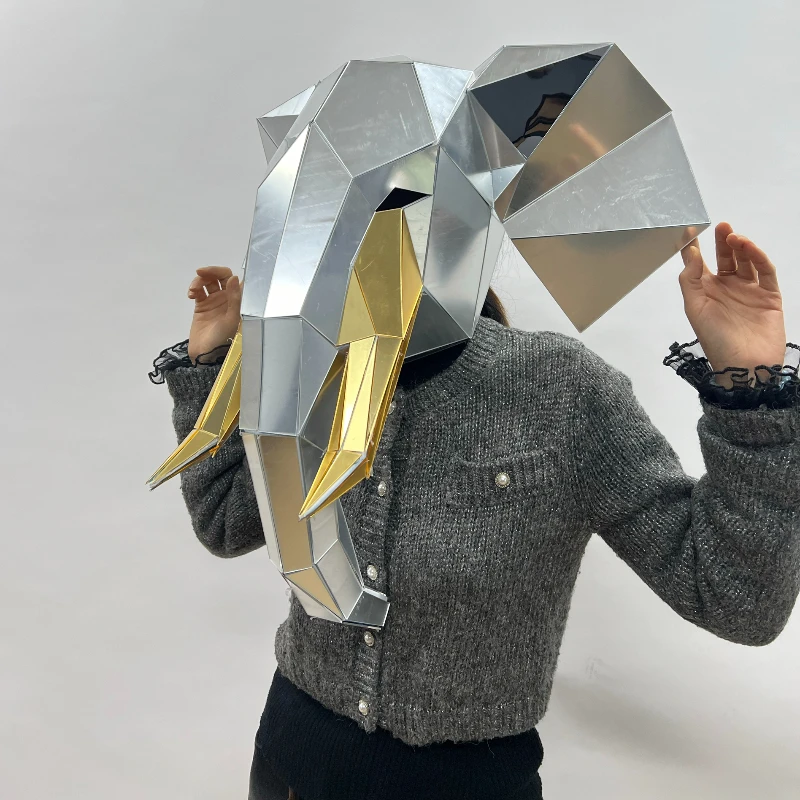 Srebrne Lustrzane Słoń Hełm Rave Zwierzęca Ozdoba na Głowę 3D Demon Festiwal Muzyczny DJ Maska Klub Rekwizyty Taneczne Rogaty Demon Mask