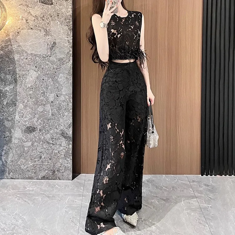 

Two Piece Set 2025 Summer Cutout Embroidered Flower Ostrich Feather Top High Waist Wide Leg Pants Set Women