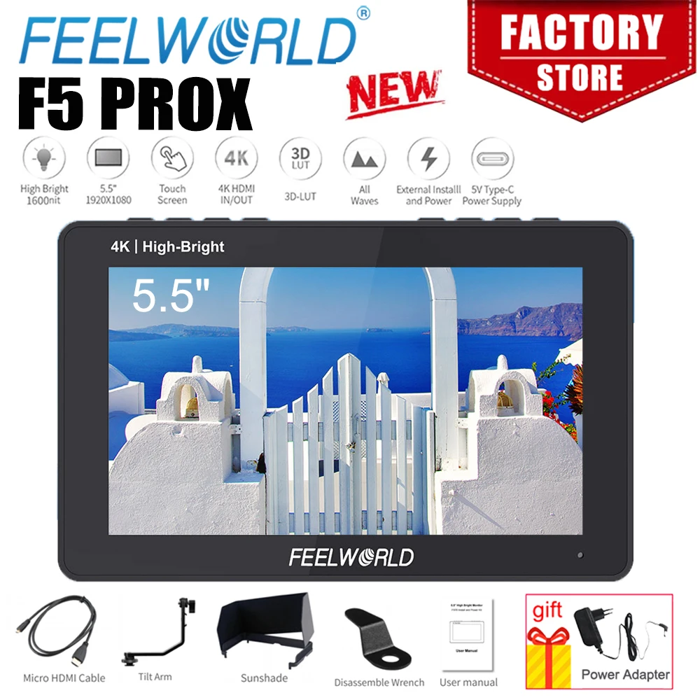 FEELWORLD F5 PROX 5.5 Inch 3D LUT 4K HDMI Touch Screen DSLR Camera Field Monitor IPS 1920x1080 F970 External Kit Type-c 1600nit