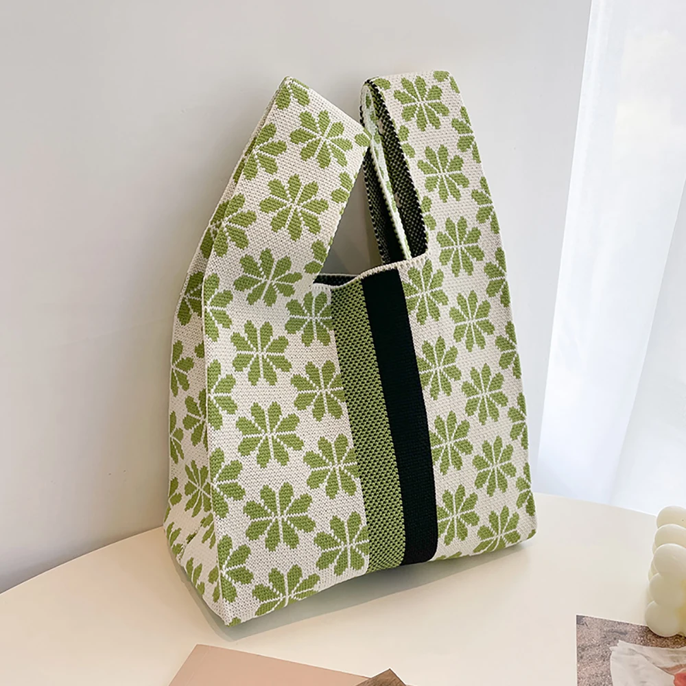 Bolsa de malha artesanal para mulheres, bolsa de pulso mini nó, cor casual feminina, listra larga, sacola xadrez, sacola de compras reutilizável para estudantes