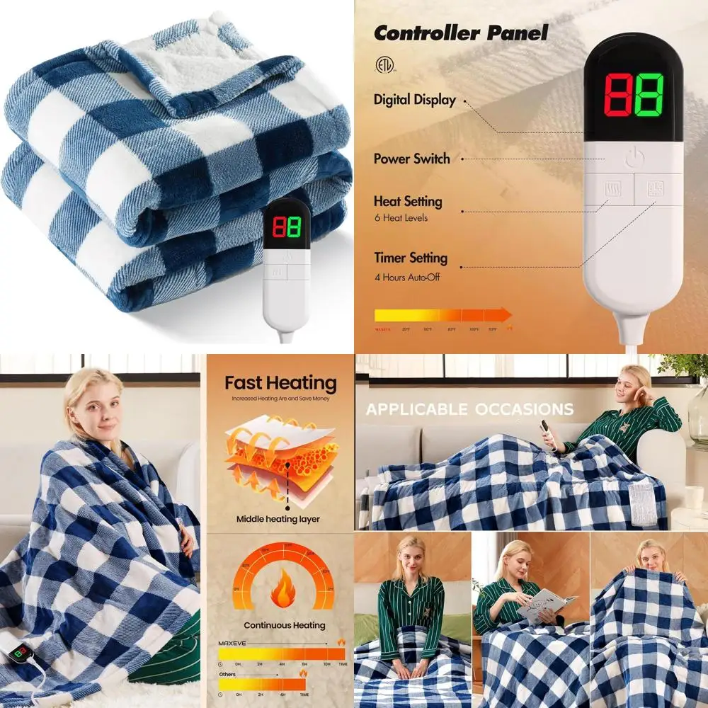 

62x84 Sherpa Buffalo Plaid Electric Heated Christmas Blanket, Twin Size, 8 Heat Levels, 8-Hour Auto-Off, Fast Warming, Washable,